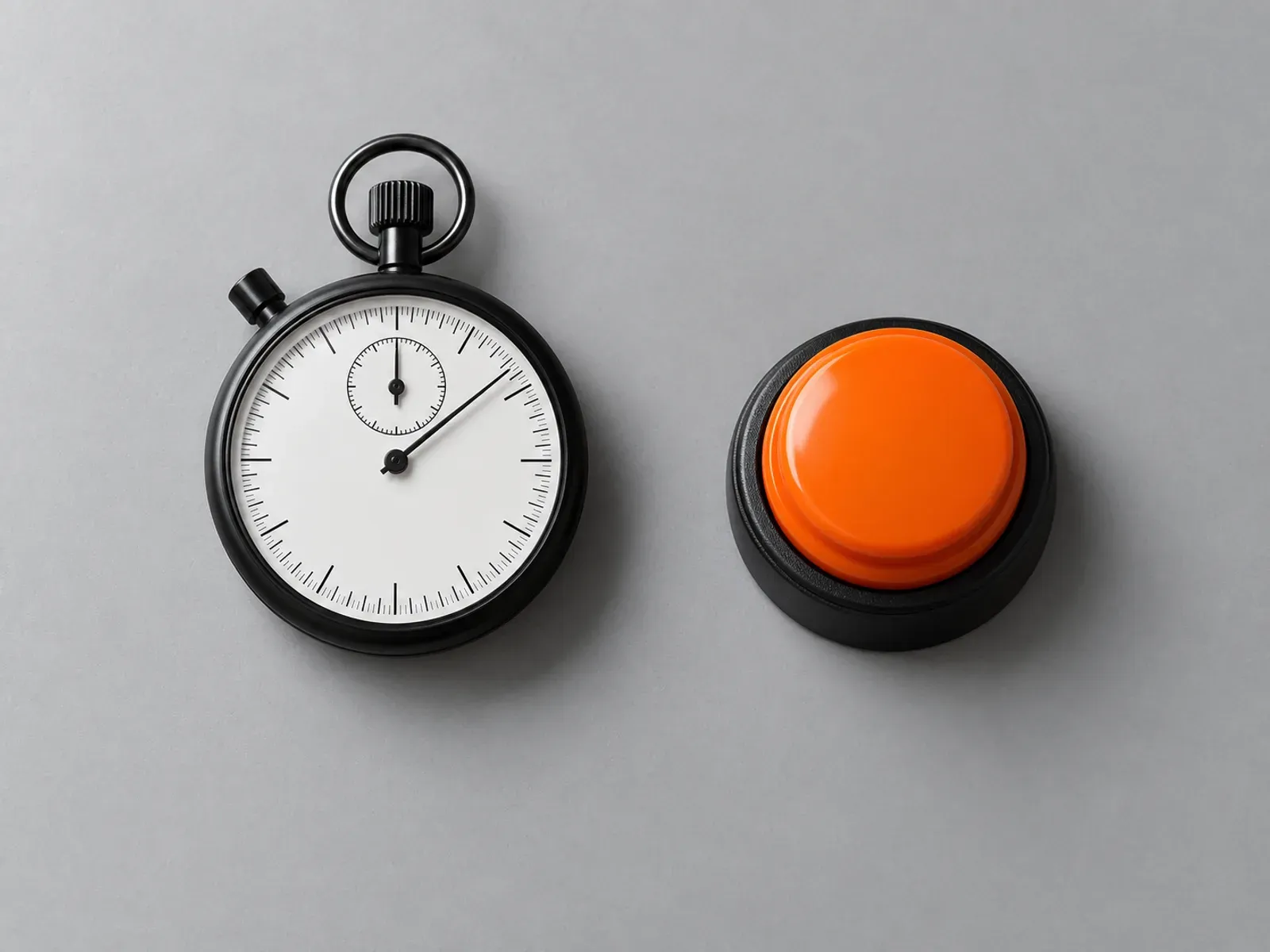 A black stopwatch and an orange push button on a grey desk